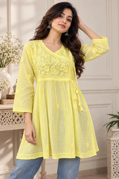 Lucknowi Chikankari Women Yellow 'Sunehri' Cotton Angrakha Styled Short Kurti