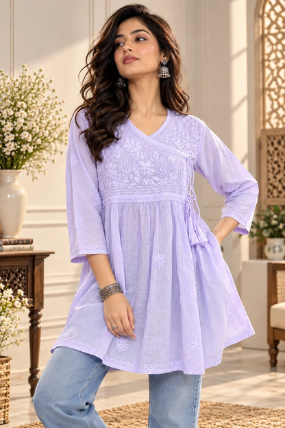 Lucknowi Chikankari Women Lavender 'Jamuni' Cotton Angrakha Styled Short Kurti