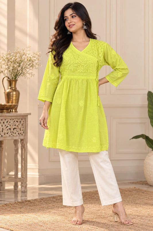 Lucknowi Chikankari Women Green 'Bahar' Cotton Angrakha Styled Short Kurti