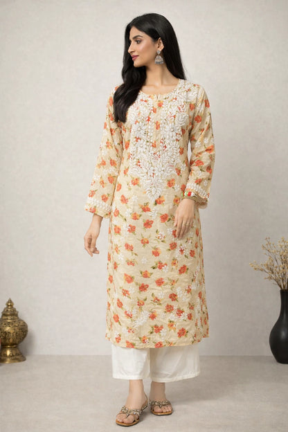 Lucknow Fashion Diary Hand Embroidered Lucknowi Chikankari Women's Fawn Printed Faux Kota Kurti