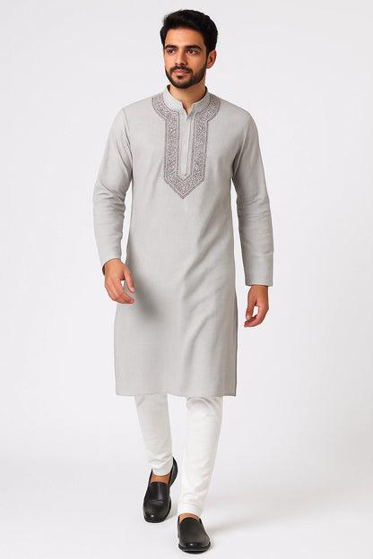 Lucknow Fashion Diary Hand Embroidered Lucknowi Chikankari Men's Striped Off White Rayon Kurta