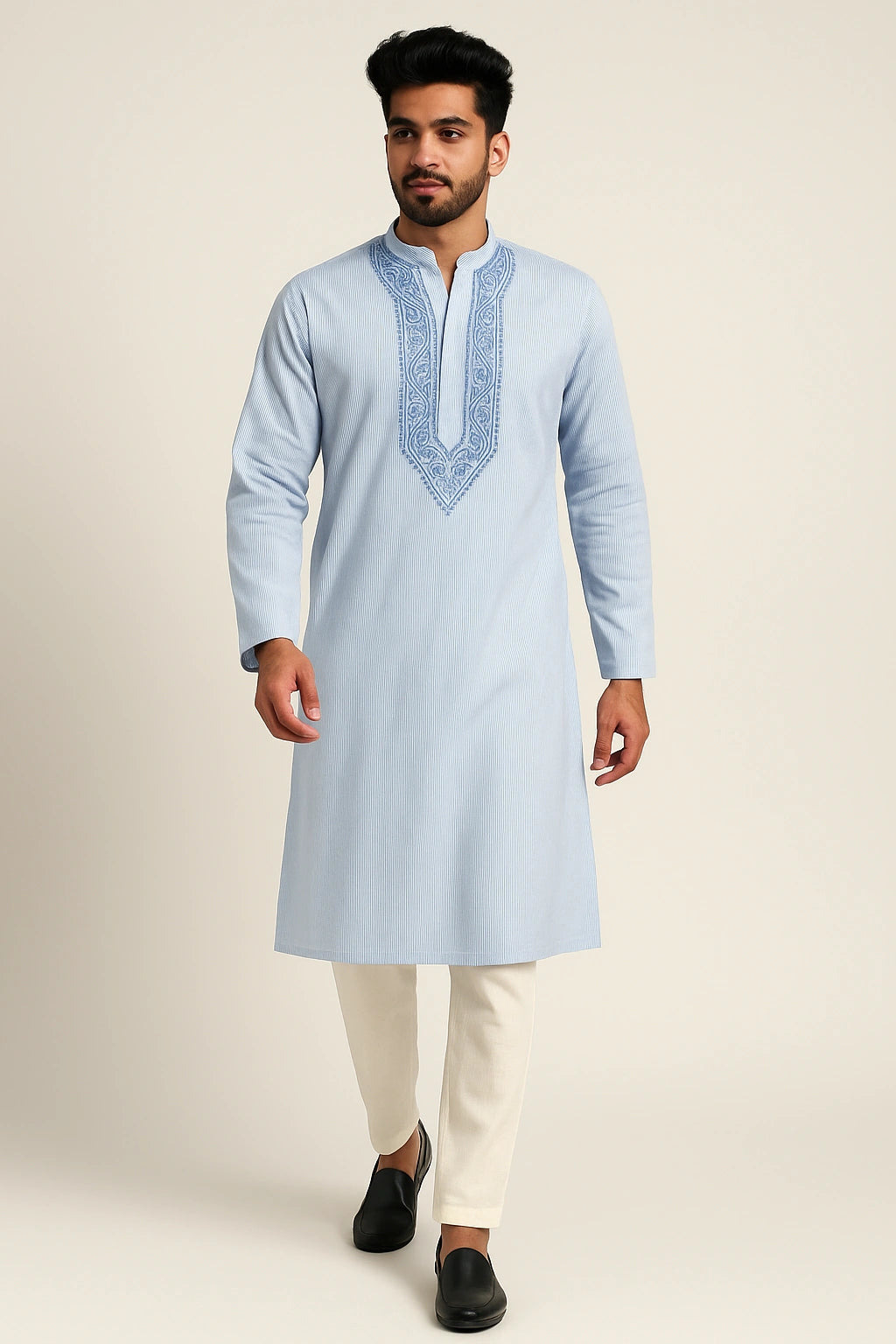 Lucknow Fashion Diary Hand Embroidered Lucknowi Chikankari Men's Striped Off White Rayon Kurta