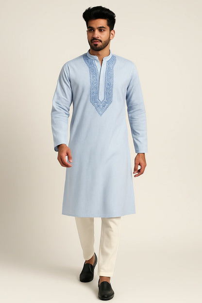 Lucknow Fashion Diary Hand Embroidered Lucknowi Chikankari Men's Striped Off White Rayon Kurta