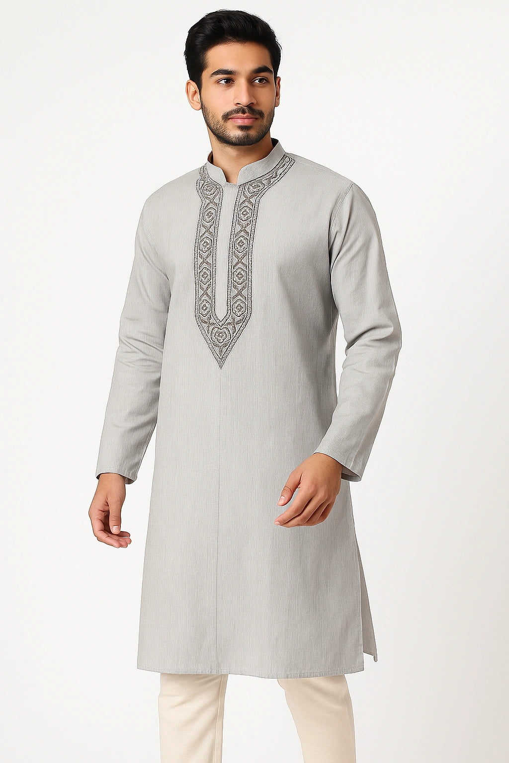 Lucknow Fashion Diary Hand Embroidered Lucknowi Chikankari Men's Striped Off White Rayon Kurta