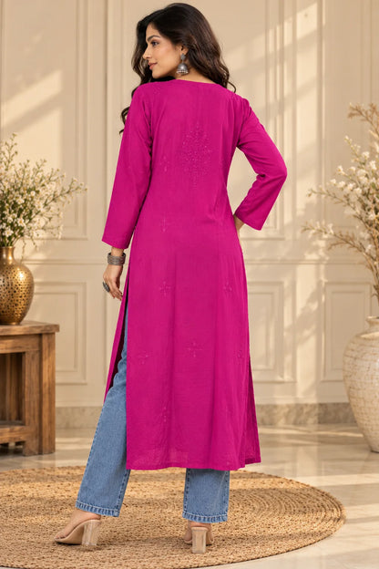 Lucknowi Chikankari Women's Magenta 'Shagufta' Viscose Kurta