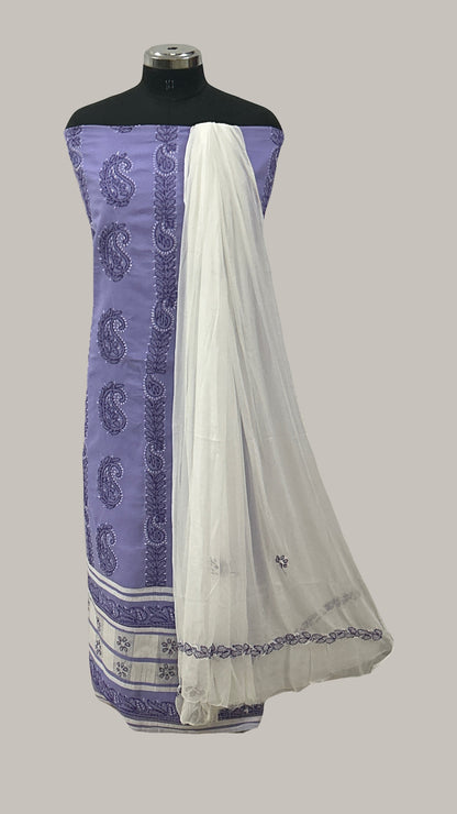 Lucknowi Chikankari Unstitched Purple Cotton Kurta-Bottom-Dupatta Fabric-U30003