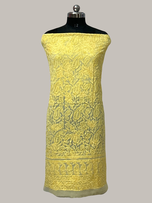 Lucknowi Chikankari Unstitched Yellow Georgette Kurta Fabric-U10010