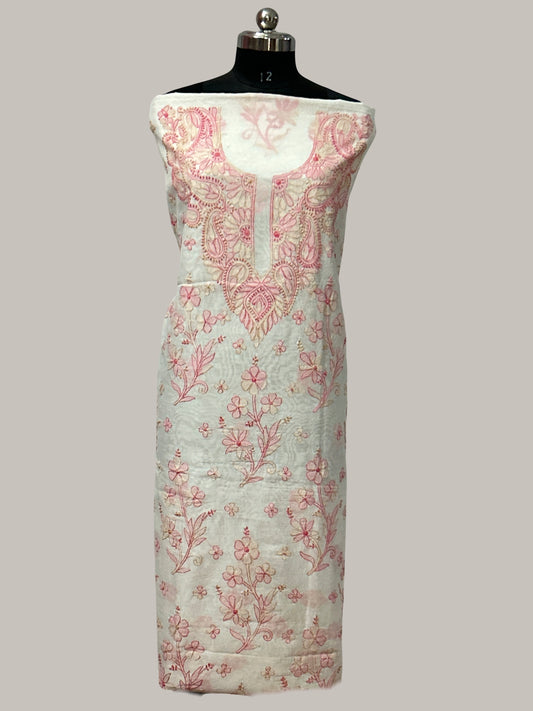Lucknowi Chikankari Unstitched Cream Chanderi Kurta Fabric-U10023