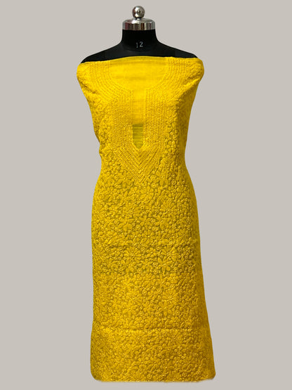 Lucknowi Chikankari Unstitched Yellow Kota Kurta Fabric-PG100024