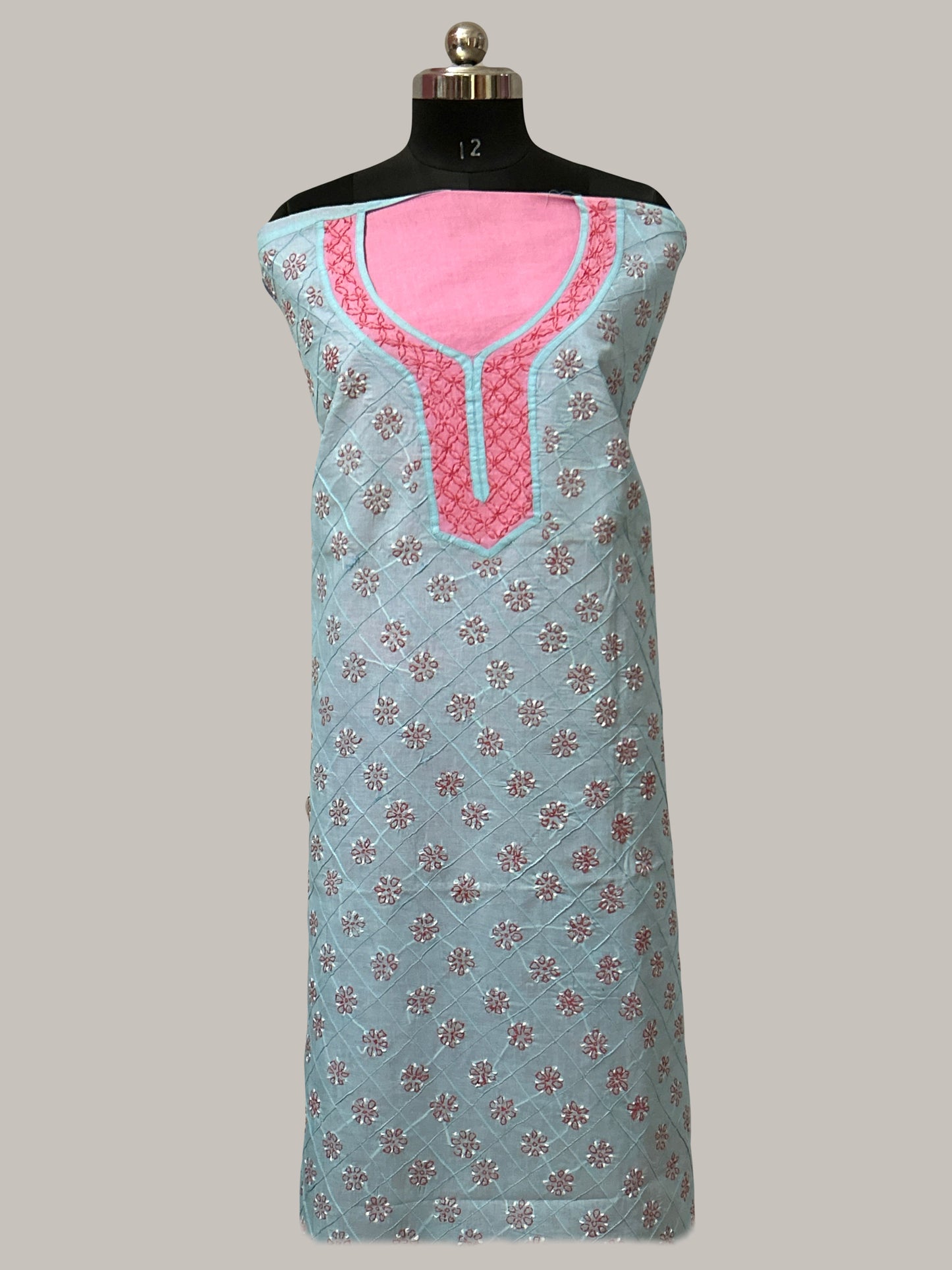 Lucknowi Chikankari Unstitched Blue Cotton Kurta-Bottom-Dupatta Fabric-U30005