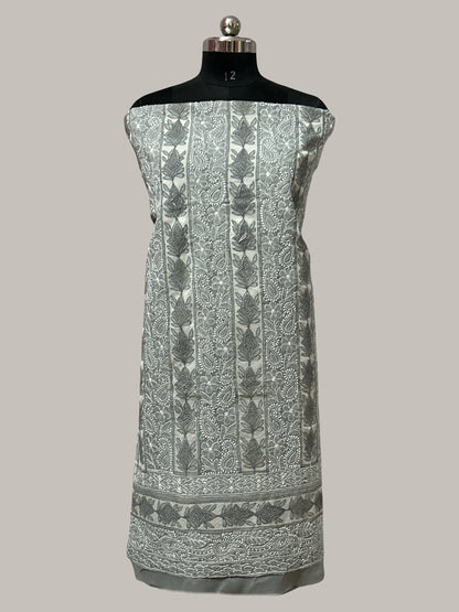 Lucknowi Chikankari Unstitched Grey Cotton Kurta Fabric-U10025