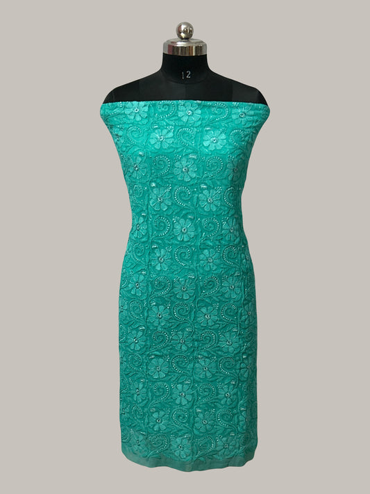 Lucknowi Chikankari Unstitched Green Georgette Unstitched Kurta Fabric-PG100034