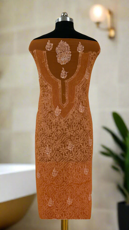 Lucknowi Chikankari Unstitched Orange Georgette Kurta Fabric-PG100045