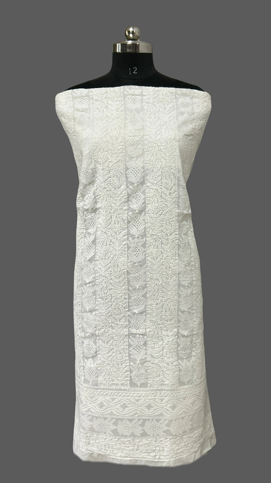 Lucknowi Chikankari Unstitched White Cotton Kurta Fabric-U10011