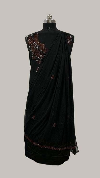 Lucknowi Chikankari Unstitched Black Cotton Kurta-Bottom-Dupatta Fabric-U30013