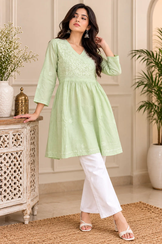 Lucknowi Chikankari Women Green 'Bahar' Cotton Angrakha Styled Short Kurti