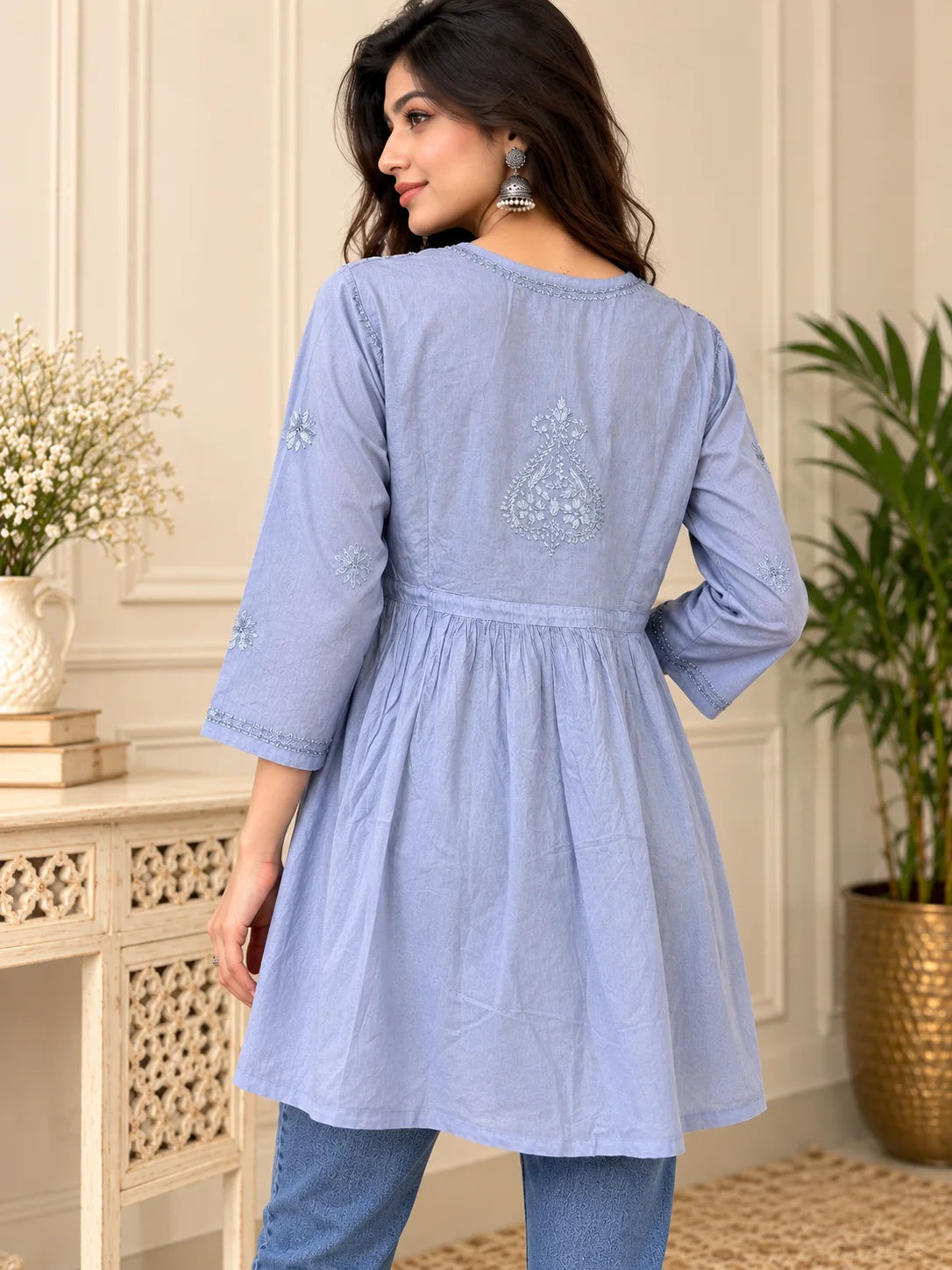 Lucknowi Chikankari Women Grey 'Dhoondhla' Cotton Angrakha Styled Short Kurti