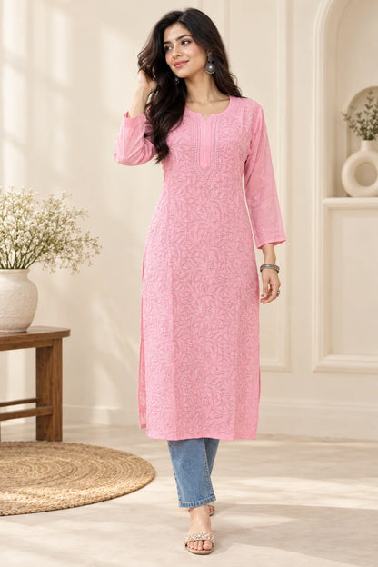 Lucknowi Chikankari Women's Coral Pink 'Shagufta' Viscose Kurta