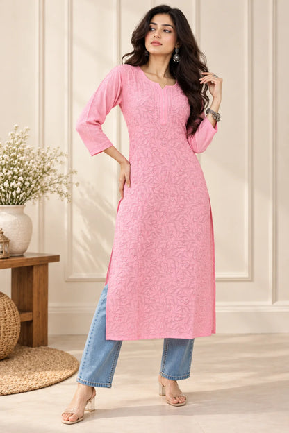 Lucknowi Chikankari Women's Coral Pink 'Shagufta' Viscose Kurta