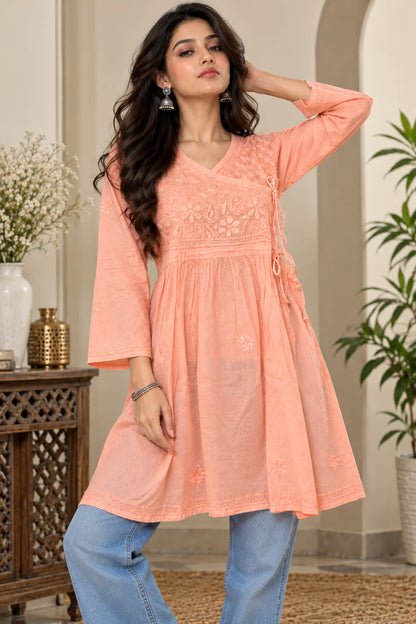 Lucknowi Chikankari Women Peach 'Aarooi' Cotton Angrakha Styled Short Kurti