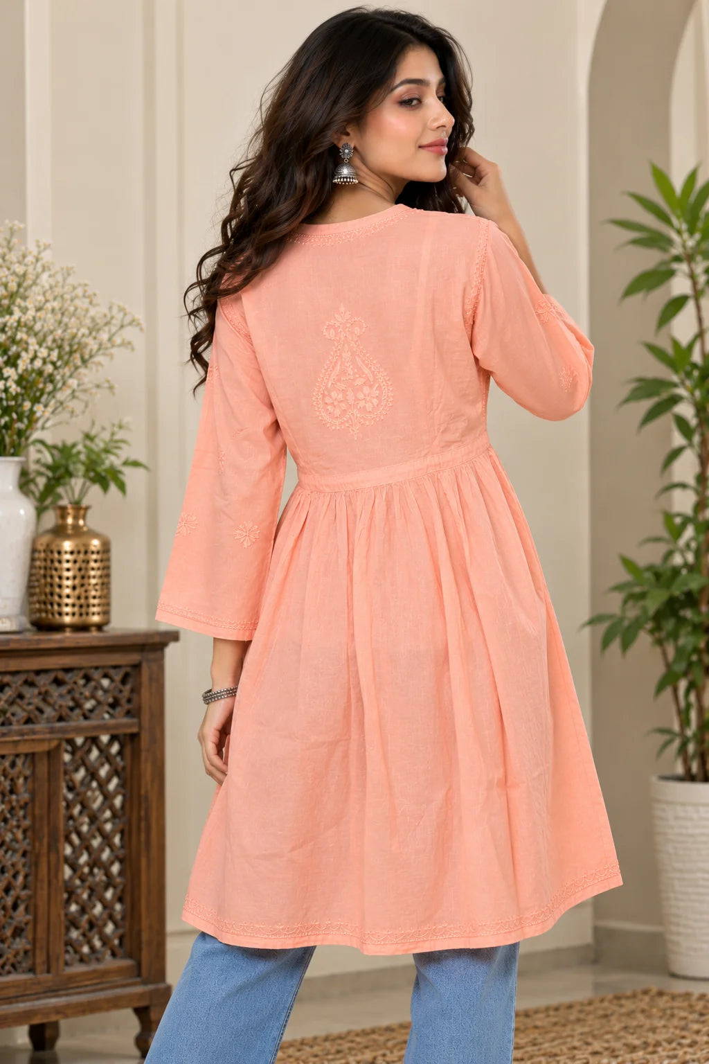 Lucknowi Chikankari Women Peach 'Aarooi' Cotton Angrakha Styled Short Kurti