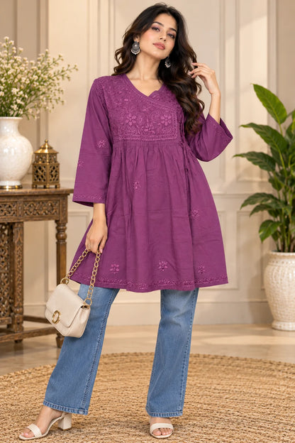 Lucknowi Chikankari Women Mauve 'Jamuni' Cotton Angrakha Styled Short Kurti