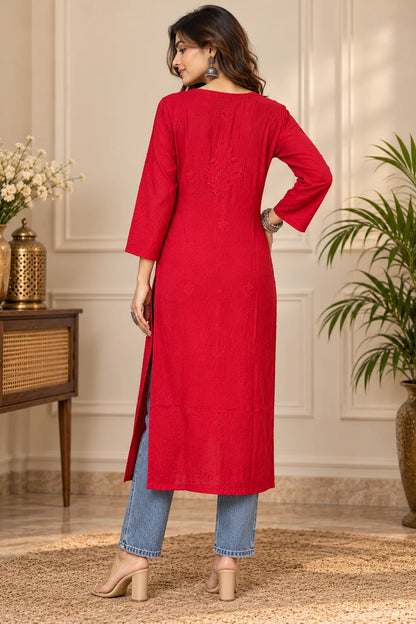 Lucknowi Chikankari Women's Red 'Surkh' Viscose Kurta