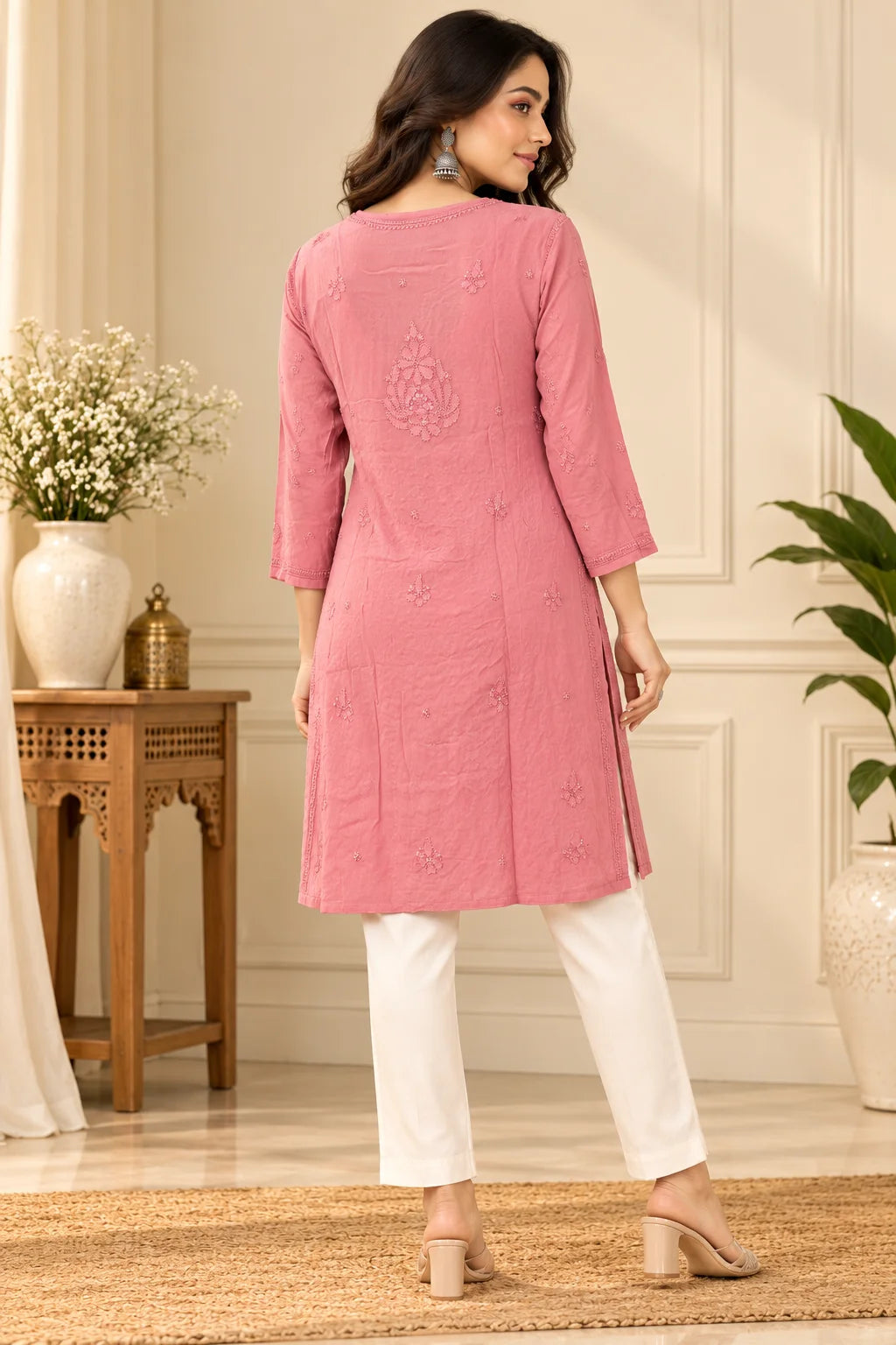 Lucknowi Chikankari Women Peach 'Aarooi' Viscose Short Kurti
