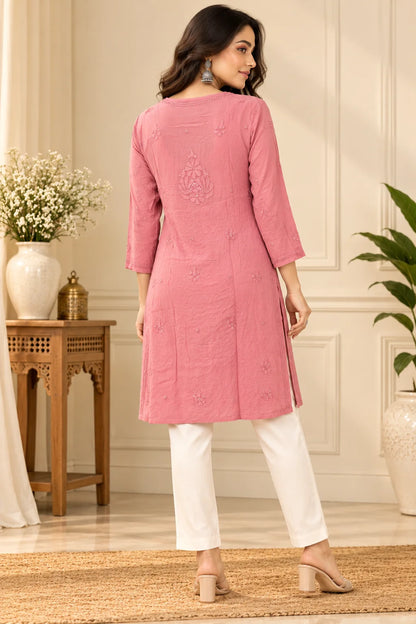 Lucknowi Chikankari Women Peach 'Aarooi' Viscose Short Kurti