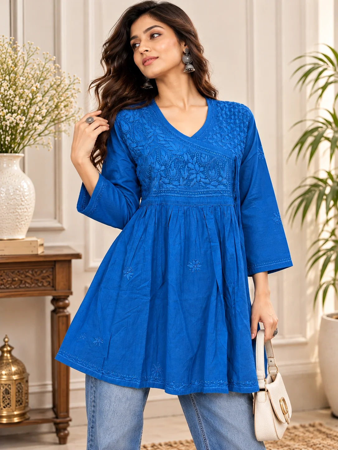 Lucknowi Chikankari Women Blue 'Aab-e-Asmaan' Cotton Angrakha Styled Short Kurti