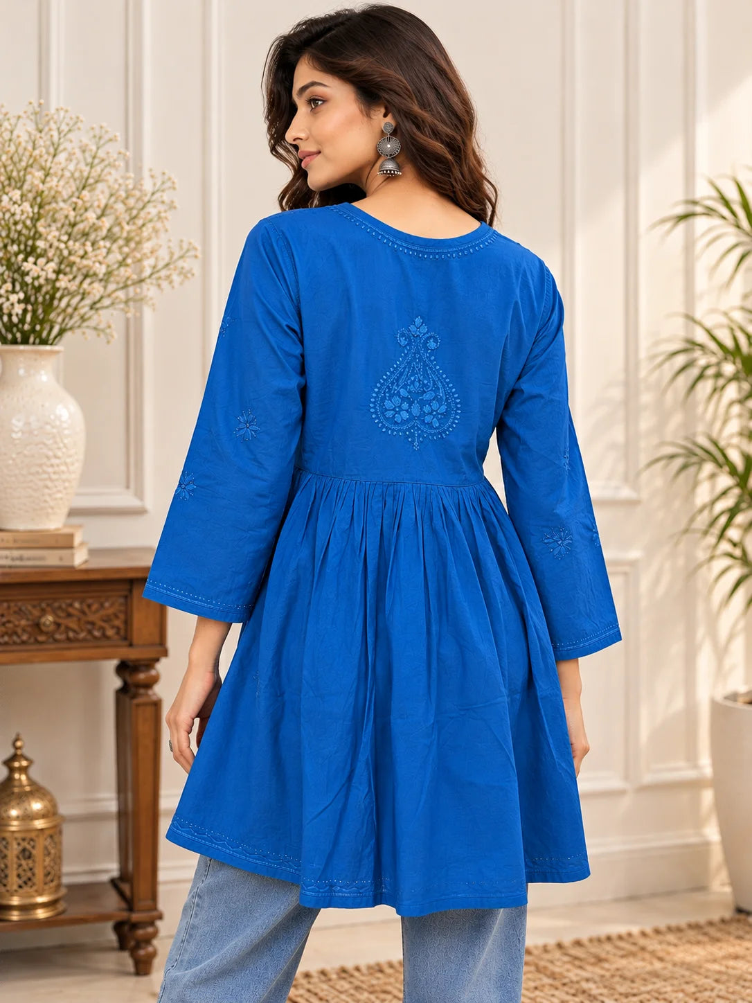 Lucknowi Chikankari Women Blue 'Aab-e-Asmaan' Cotton Angrakha Styled Short Kurti
