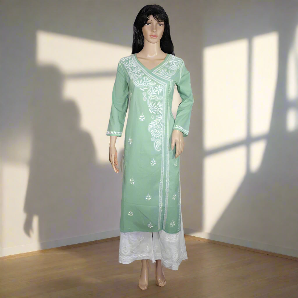 Lucknowi Chikankari Green Cotton Angrakha-K50006