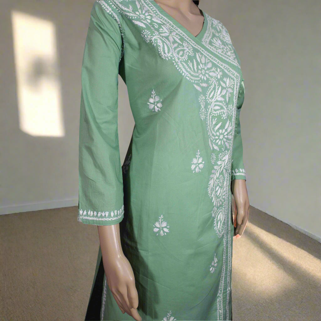 Lucknowi Chikankari Green Cotton Angrakha-K50006