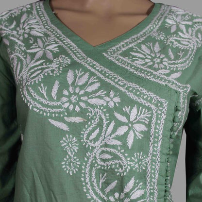 Lucknowi Chikankari Green Cotton Angrakha-K50006