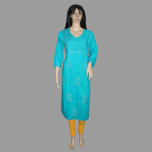 Lucknowi Chikankari Turquoise Cotton Angrakha- K50007