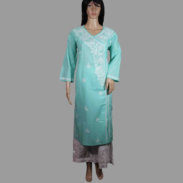 Lucknowi Chikankari Semi Green Cotton Angrakha-K60004