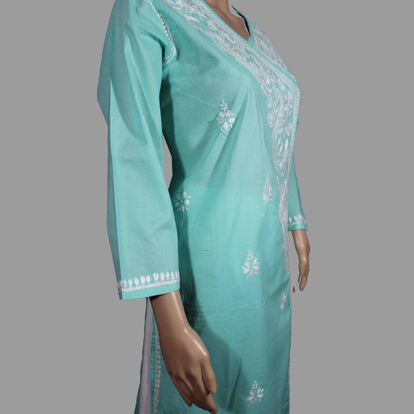 Lucknowi Chikankari Semi Green Cotton Angrakha-K60004