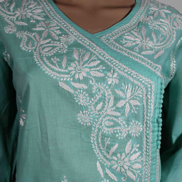 Lucknowi Chikankari Semi Green Cotton Angrakha-K60004