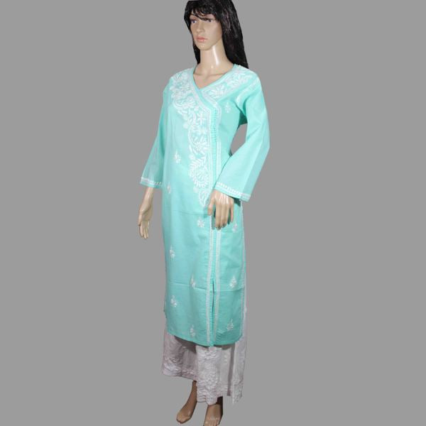 Lucknowi Chikankari Semi Green Cotton Angrakha-K60004