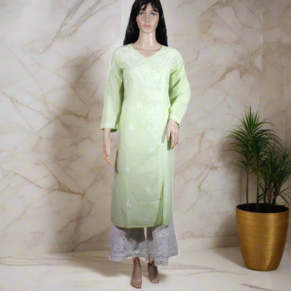 Lucknowi Chikankari Green Cotton Angrakha-K60007