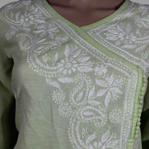 Lucknowi Chikankari Green Cotton Angrakha-K60007