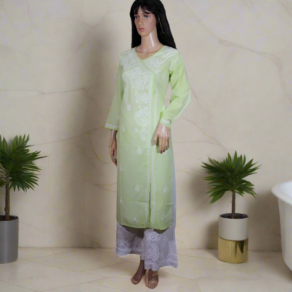 Lucknowi Chikankari Green Cotton Angrakha-K60007