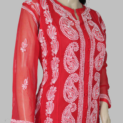 Lucknow Chikankari Red Georgette Anarkali-K000007