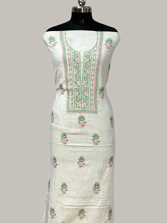 Lucknowi Chikankari Unstitched White Slub Cotton Kurta Fabric-U10013