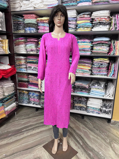 Lucknowi Chikankari Women's Magenta 'Shagufta' Viscose Kurta