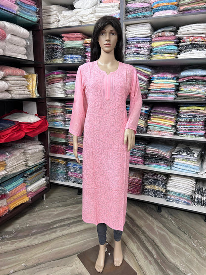 Lucknowi Chikankari Women's Coral Pink 'Shagufta' Viscose Kurta