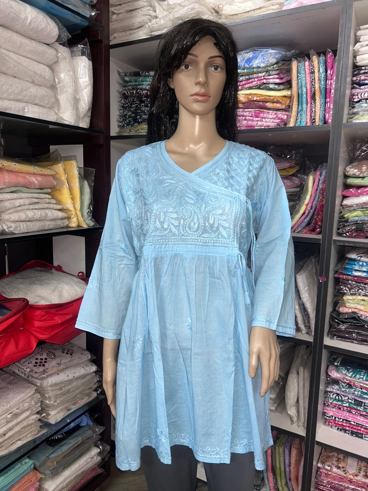 Lucknowi Chikankari Women Blue 'Aab-e-Asmaan' Cotton Angrakha Styled Short Kurti