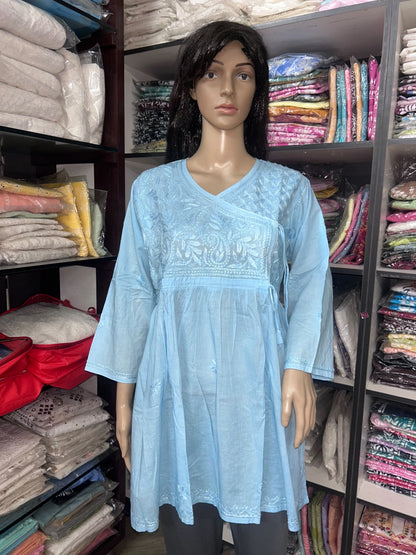 Lucknowi Chikankari Women Blue 'Aab-e-Asmaan' Cotton Angrakha Styled Short Kurti