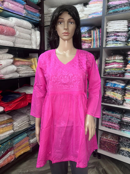 Lucknowi Chikankari Women Magenta 'Shagufta' Cotton Angrakha Styled Short Kurti