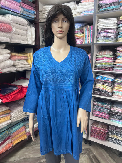 Lucknowi Chikankari Women Blue 'Aab-e-Asmaan' Cotton Angrakha Styled Short Kurti